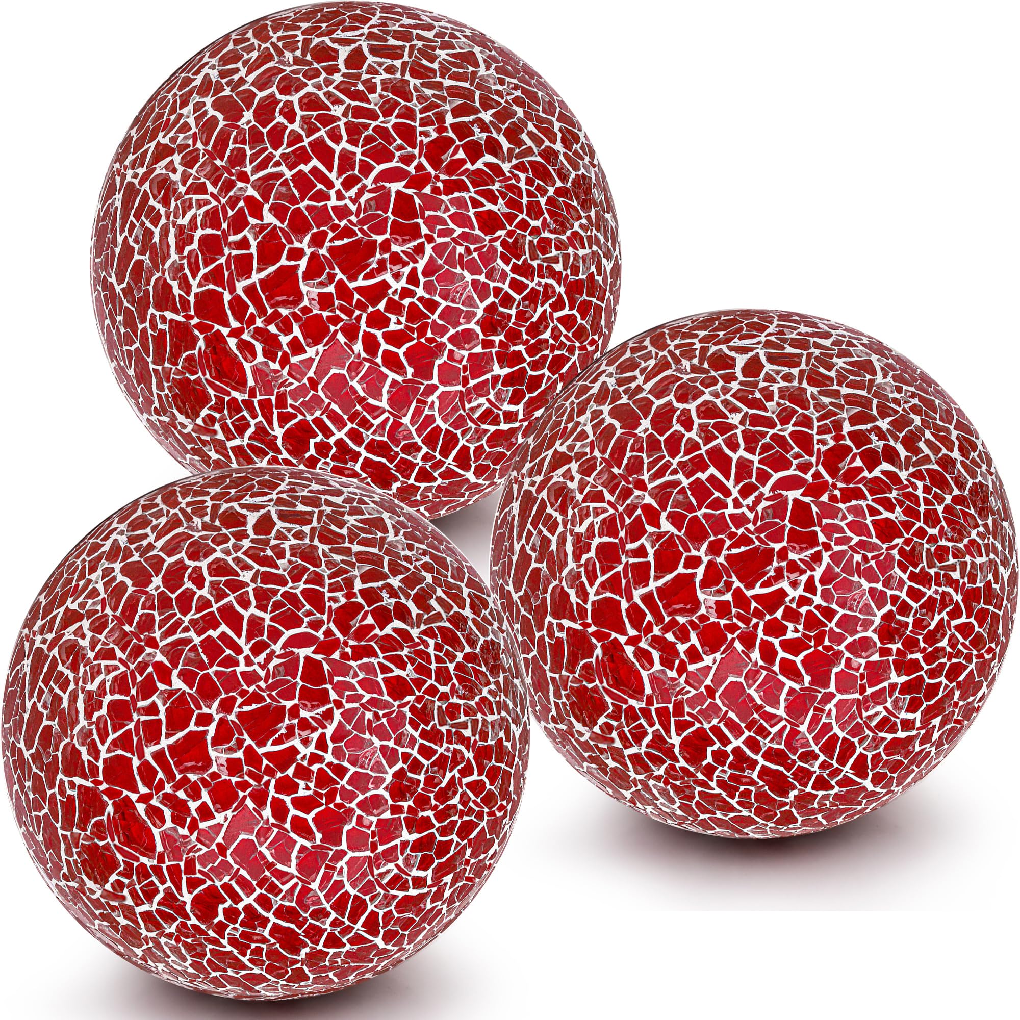 Kepfire 3Pcs Red Decorative Balls for Bowl,8cm Mosaic Glass Balls for Bowls Vase Fillers, Crack Orbs Balls for Christmas Decoration, Thanksgiving Home Table Decor