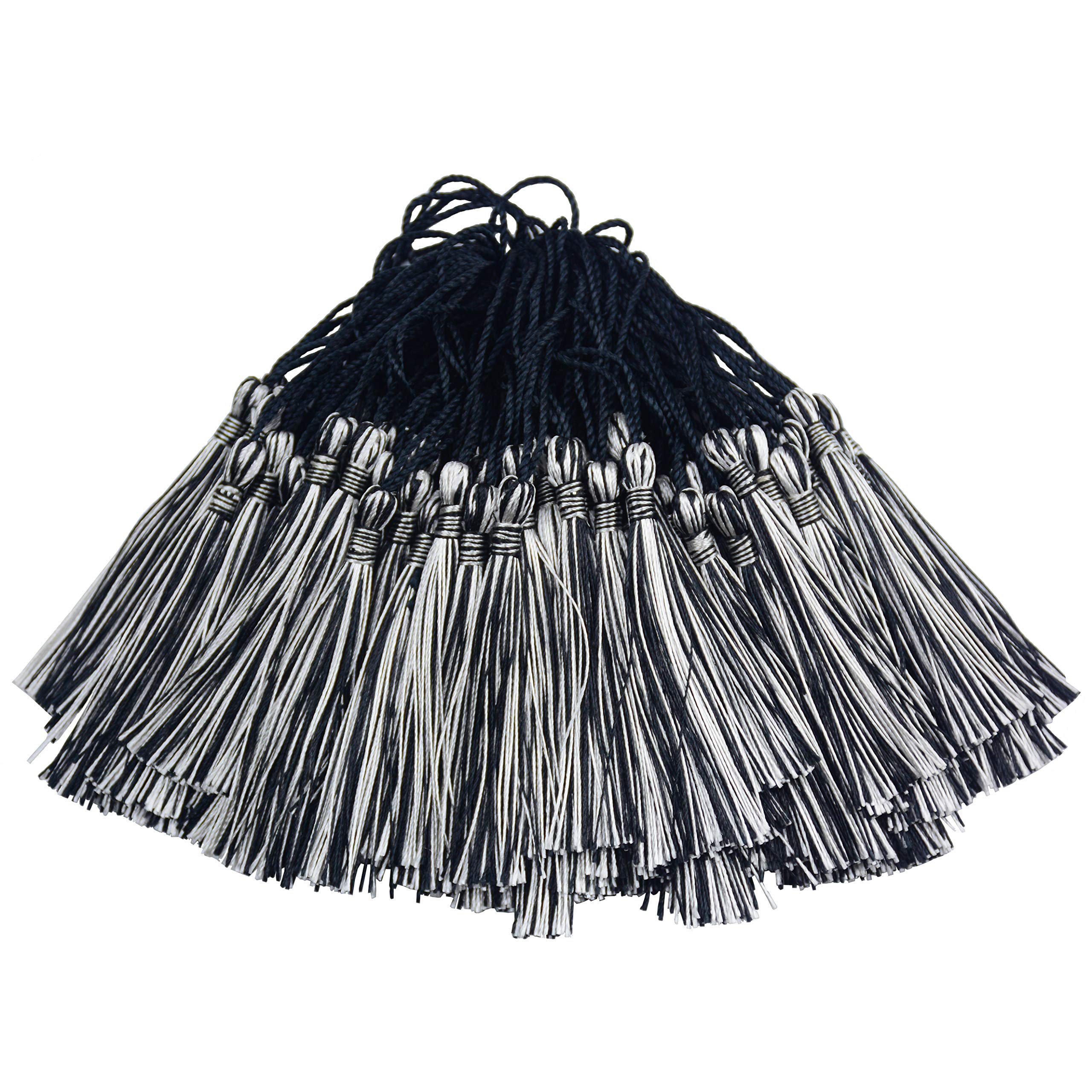 Makhry 100pcs 13cm/5 Inch Silky Floss Bookmark Tassels with 2-Inch Cord Loop and Small Chinese Knot for Jewelry Making, Souvenir, Bookmarks, DIY Craft Accessory (Black&Silver)