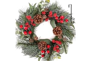WellSign Artificial Christmas Wreath 22 Inch large Christmas Door Wreath Outdoor with Hangers, Green Pine Touch Door Wreath with Red Berries, Pine Cones for Wall Window Porch Home Indoor Outdoor Decor