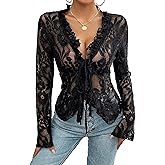 KWSTAIN Lace Tops for Women Long Sleeve See Through Sexy Sheer Mesh Crop Top Shirt Open Front Tie Blouse Ruffle for Women