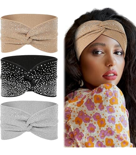 CAKURE Diademas Anchas Con Cristales De Estrás De Cristal, Turbante Negro Y Elástico Africano, Para Deportes Al Aire Libre, Accesorios Para El Cabello 3 Piezas Para Mujeres Y Niñas