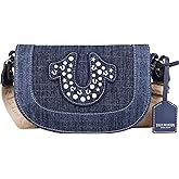 True Religion Women's Crossbody Bag, Denim Mini Flap Shoulder Handbag Purse with Studded Horseshoe, Dark Denim