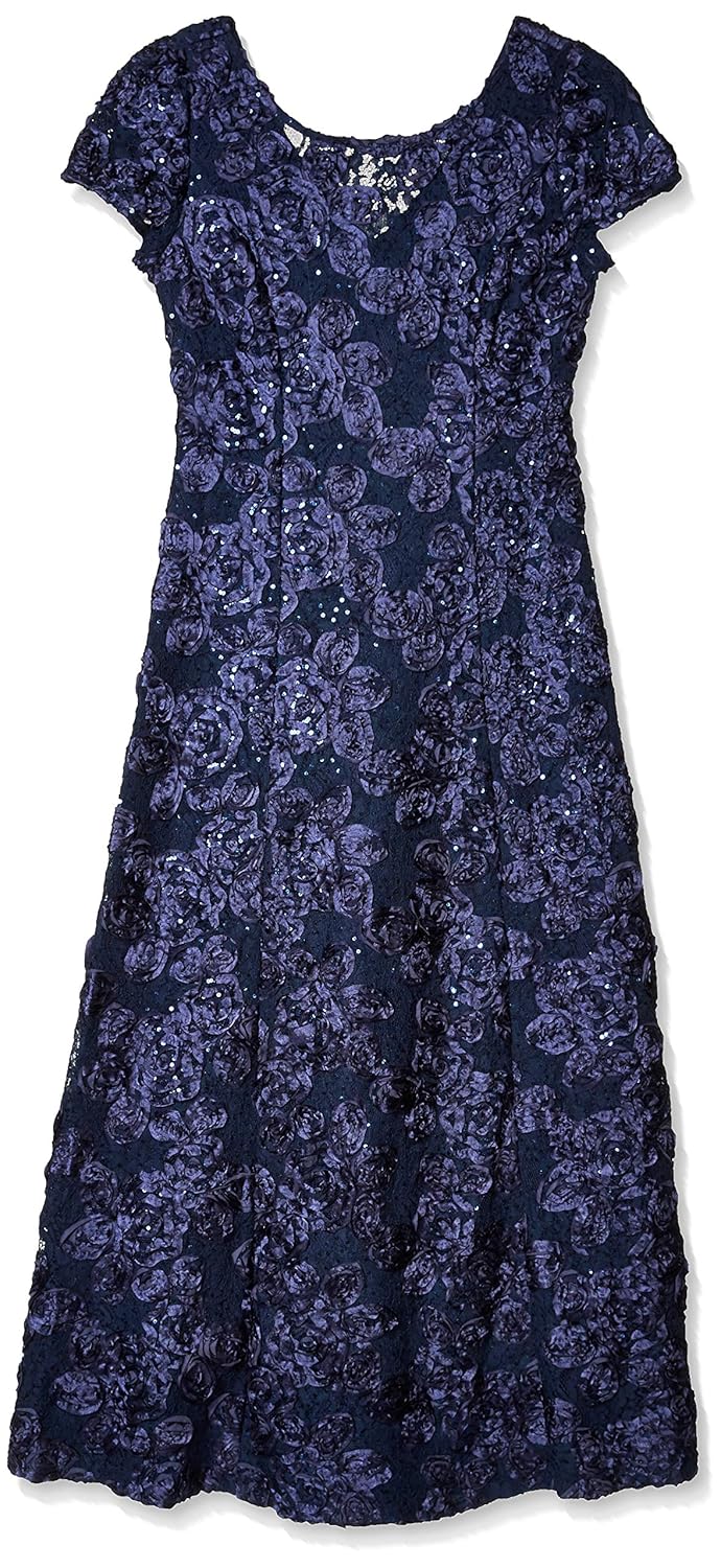 Alex Evenings Womens Long A-line Rosette Dress