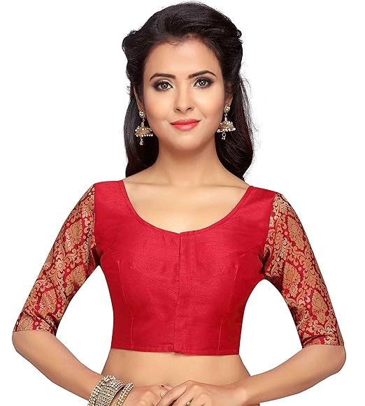 Women's Brocade Sleeve Readymade Saree Blouse With Round Neck