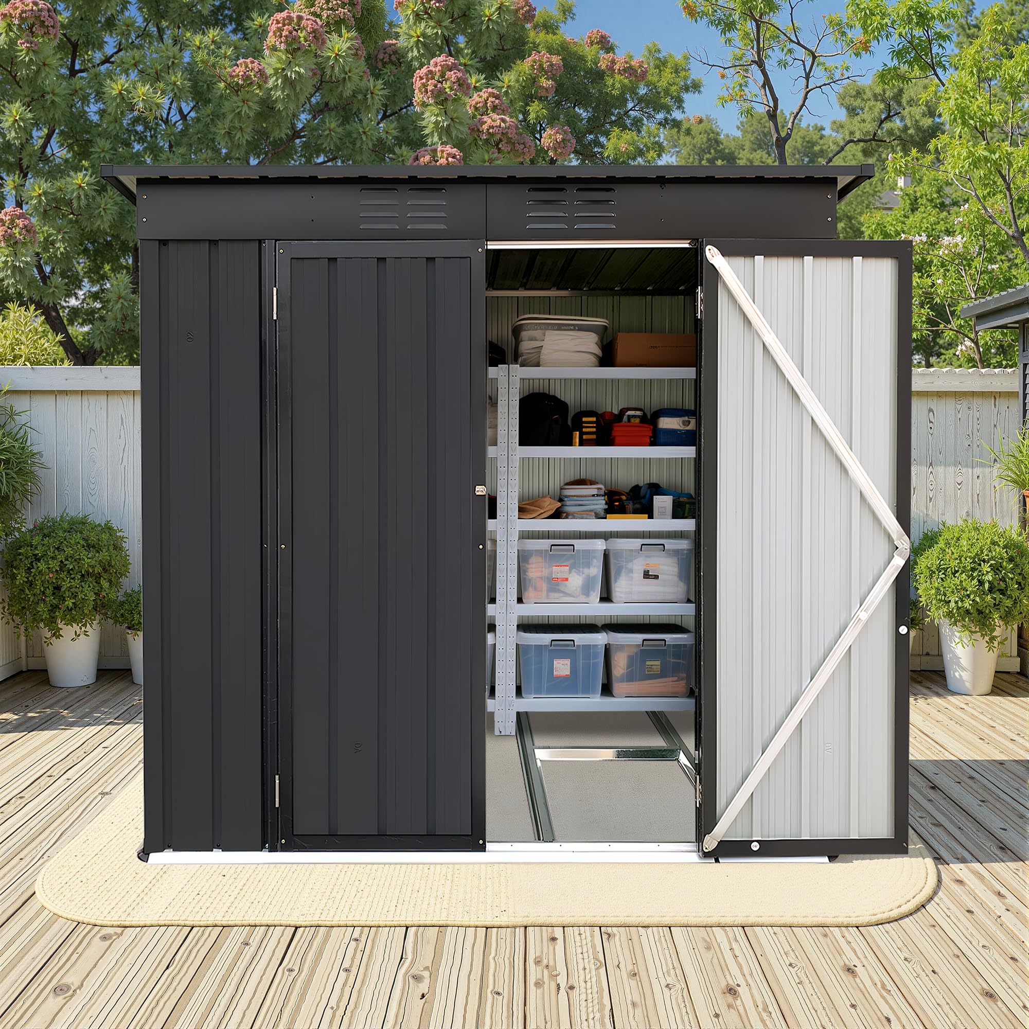 Photo 1 of 4×6Ft Outdoor Storage Shed Metal Storage Shed with Flat Roof, Weatherproof Heavy Duty Tool Shed for Backyard & Garden Equipment, Black Roof and Walls