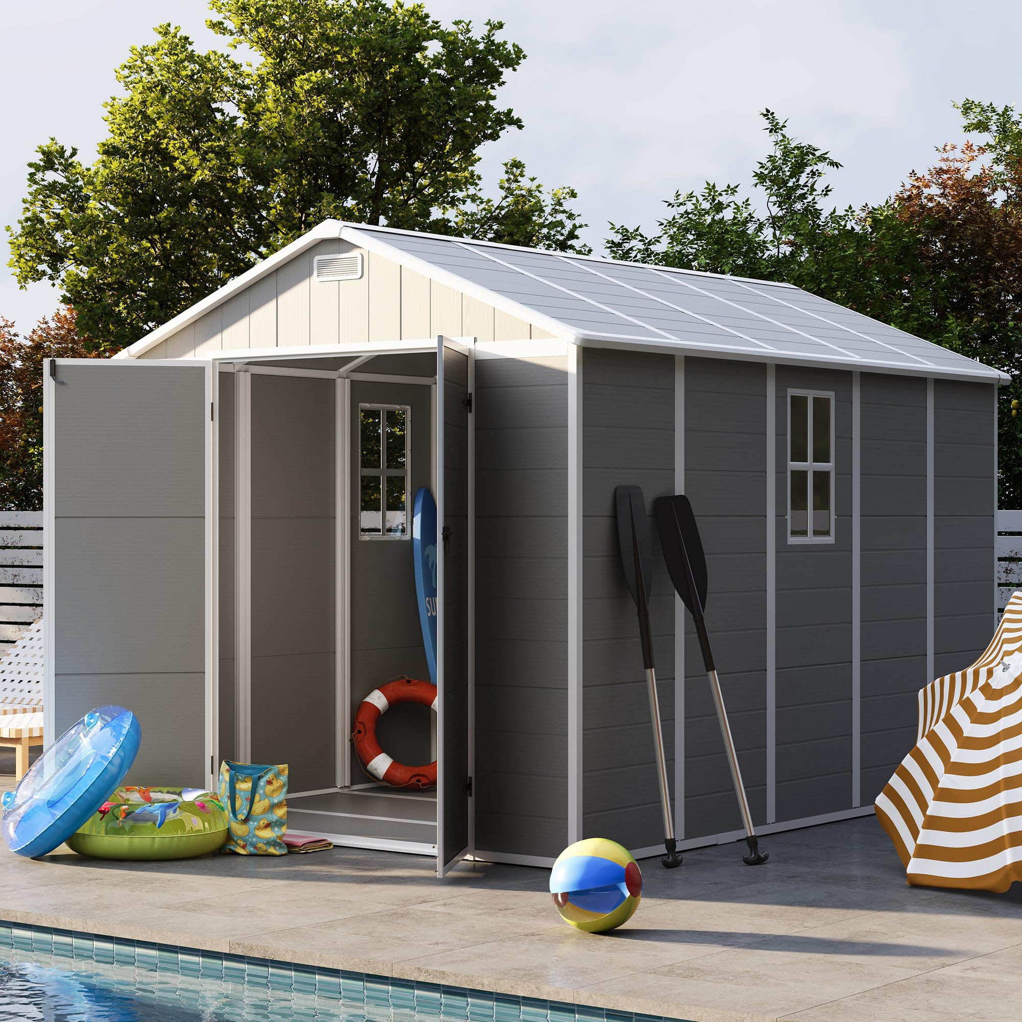 Photo 1 of ***4 BOXES TOTAL***COMPLETE SET***UDPATIO Storage Shed 8 x 10 FT, Resin Outdoor Garden Sheds with Floor Plastic Patio Outdoor Storage with Lockable Door for Tool, Bike, Garbage Gray White
