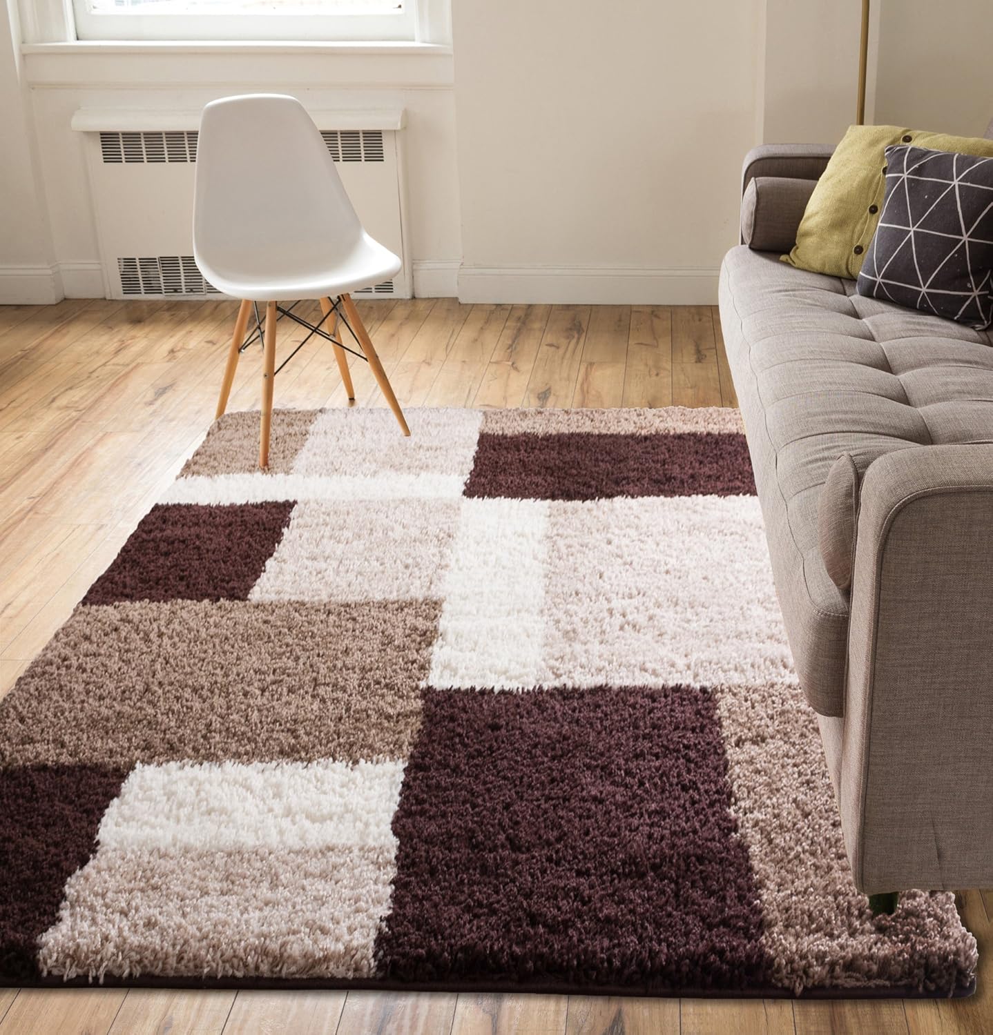 Amazon Com Shag Cubes Modern 5x7 5 X 7 2 Area Rug Brown Plush Geometric Blocks Squareseasy Care Thick Soft Living Room Home Kitchen