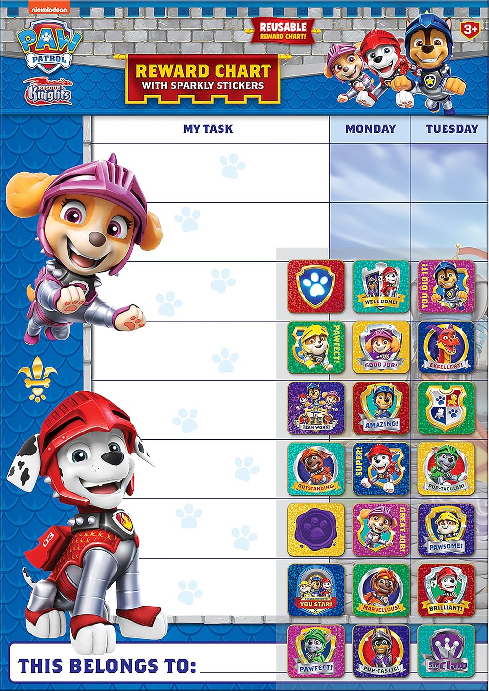 Paper Projects PAW Patrol Rescue Knights Reward Chart 56 Sparkly Stickers A3