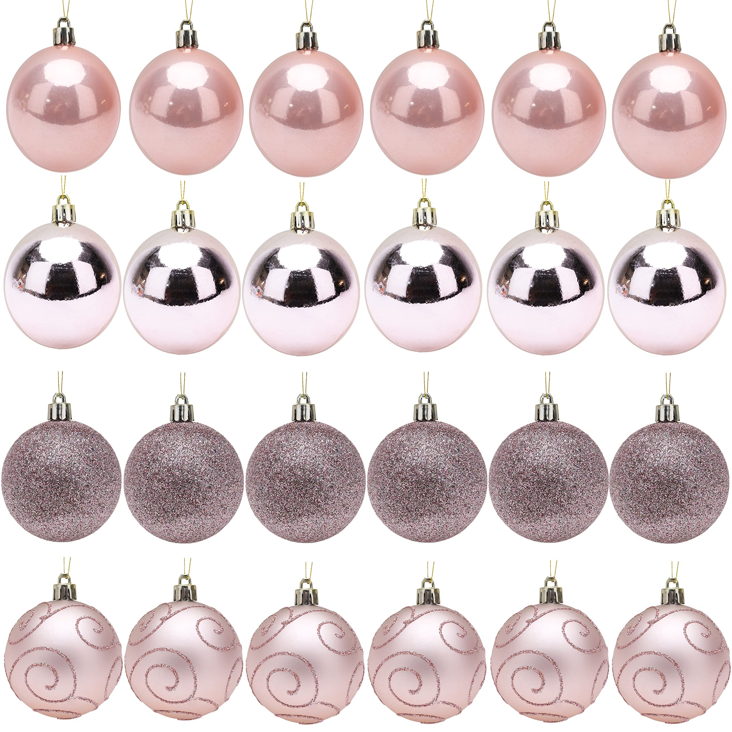 Toyland® Pack Of 24-6cm Christmas Tree Baubles - Glitter, Shiny Matte and Glitter Swirl Designs - Christmas Decorations (Rose Gold)