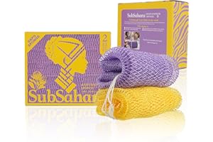 SubSahara Authentic African Net Sponge - 2 Pieces Exfoliating Scrubber for All Skin Types, Bath Sponge for Face & Body, Travel Portable, Durable, Gentle Exfoliation (Lavender Purple & Bright Yellow)