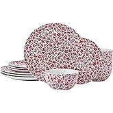 Pfaltzgraff Radiant Blossom 12 Piece Floral Stoneware Dinnerware Plate Bowl Dish Set, Service for 4, Red
