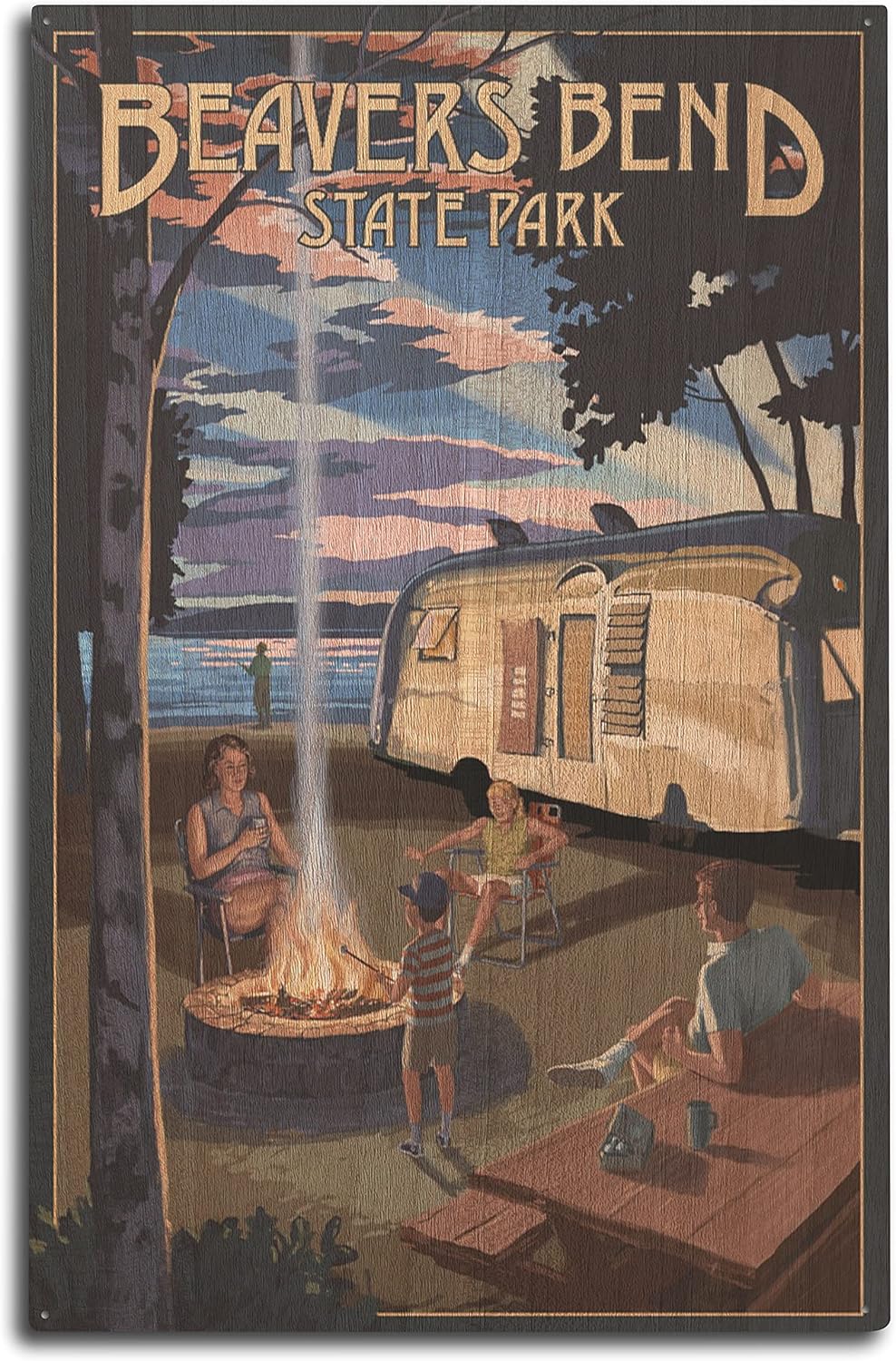 Lantern Press Beavers Bend State Park, Oklahoma, Retro Camper and Lake 113078 (10x15 Wood Wall Sign, Wall Decor Ready to Hang)