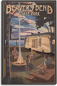 Lantern Press Beavers Bend State Park, Oklahoma, Retro Camper and Lake 113078 (10x15 Wood Wall Sign, Wall Decor Ready to Hang)