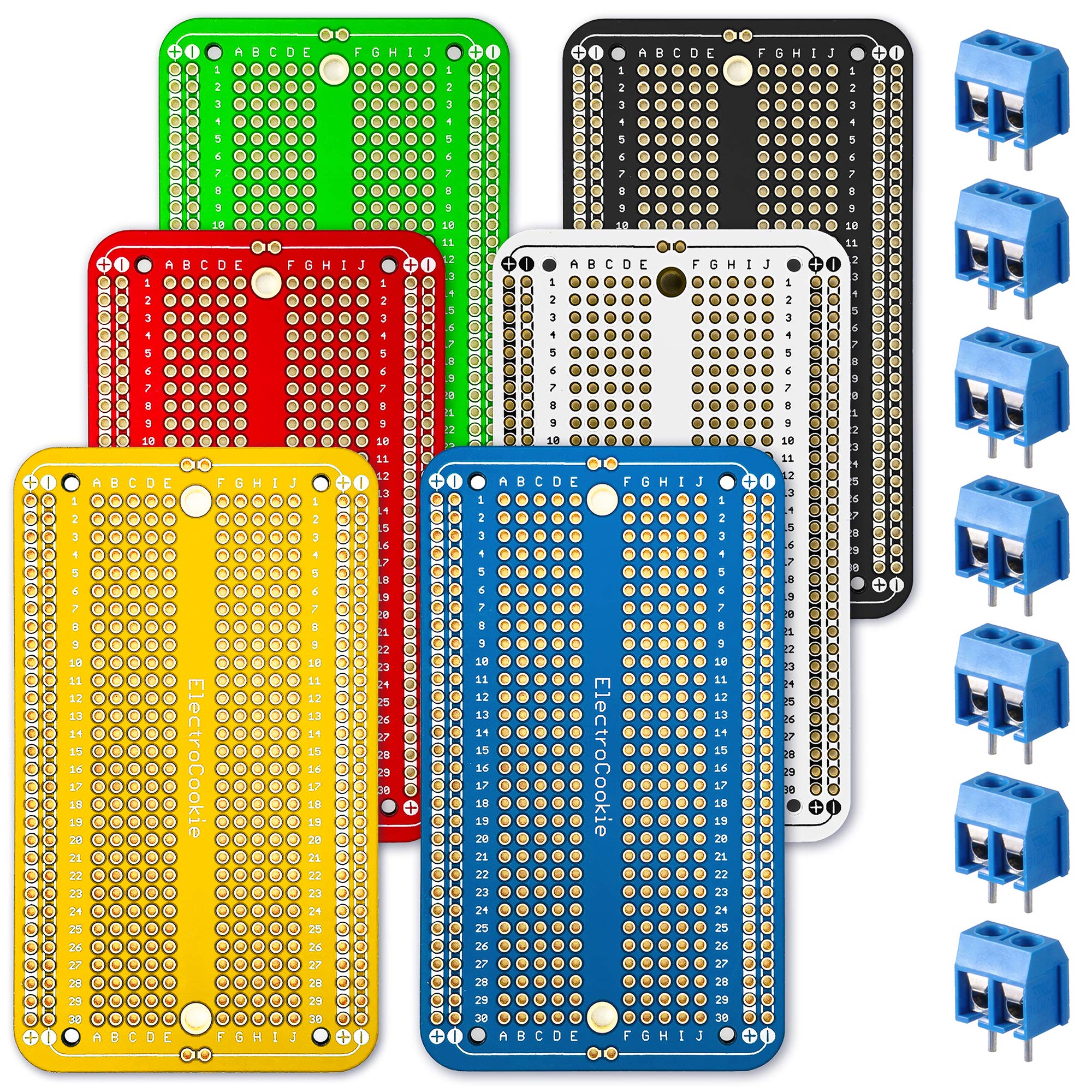 ElectroCookie Prototype Board Breadboard Style PCB Solder Board for Arduino and DIY Electronic Projects, Gold-Plated (6 Pack + 7 Screw Terminal Block Connectors, Multicolour)