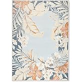 Tommy Bahama Bimini Blooming Border Indoor Outdoor Area Rug, Leaf Tropical Design, UV Fade Resistant, Blue/Grey/Coral, 5'2"x7