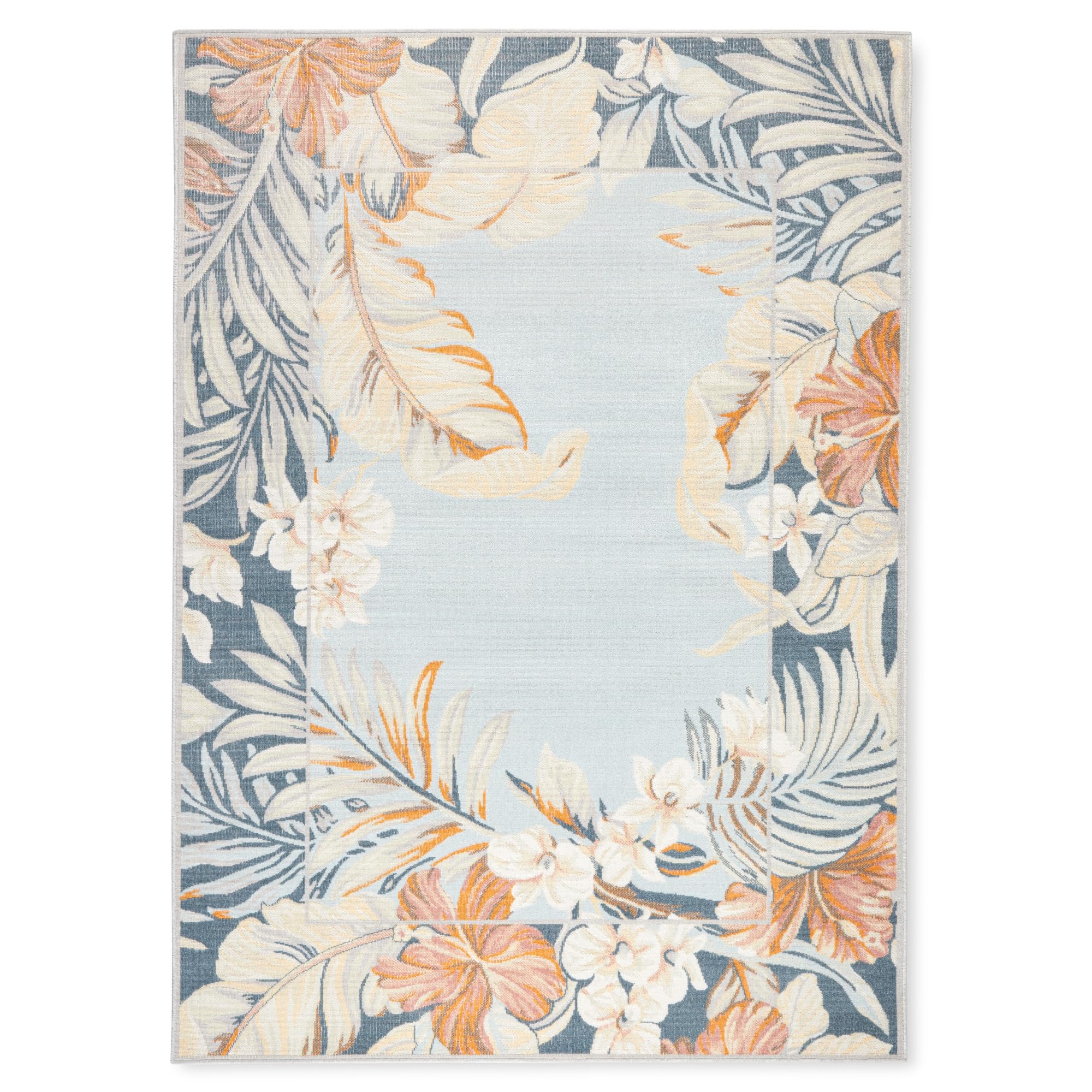 Photo 1 of Tommy Bahama Bimini Blooming Border Indoor Outdoor Area Rug, Leaf Tropical Design, UV Fade Resistant, Blue/Grey/Coral, 7'10"x10'2"