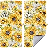 GAIIIIYOU Watercolor Sunflowers Hand Towels Set Vintage Yellow Floral Towels Soft Absorbent Decorative Coral Fleece Towel
