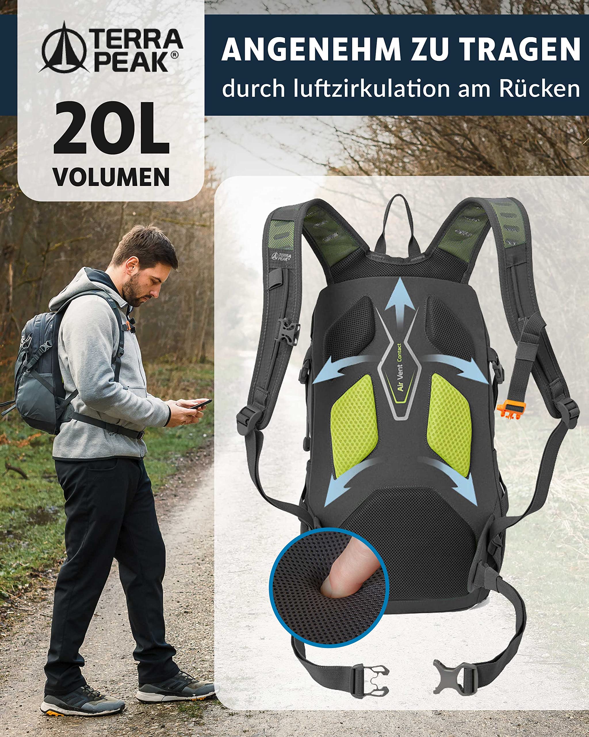 Terra Peak® Premium Wanderrucksack 20L ACTIVE 20 Damen Herren & Erwachsene klein grau - Trekking-Rucksack zum Wandern - Daypack Rucksack & Tagesrucksack wasserdicht mit Laptop-Fach & Trinksystem 5