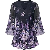VALOLIA Women's 3/4 Sleeve Floral Tunic Tops V Neck Double Layers Loose Fit Mesh Blouses Shirt