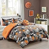 Chezmoi Collection 4-Piece Kids Bedding Comforter Set - Soft Microfiber Gray Orange Multi-Color Basketball Slam Dunk Sports, Full/Queen
