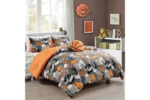Chezmoi Collection 4-Piece Kids Bedding Comforter Set - Soft Microfiber Gray Orange Multi-Color Basketball Slam Dunk Sports, Full/Queen