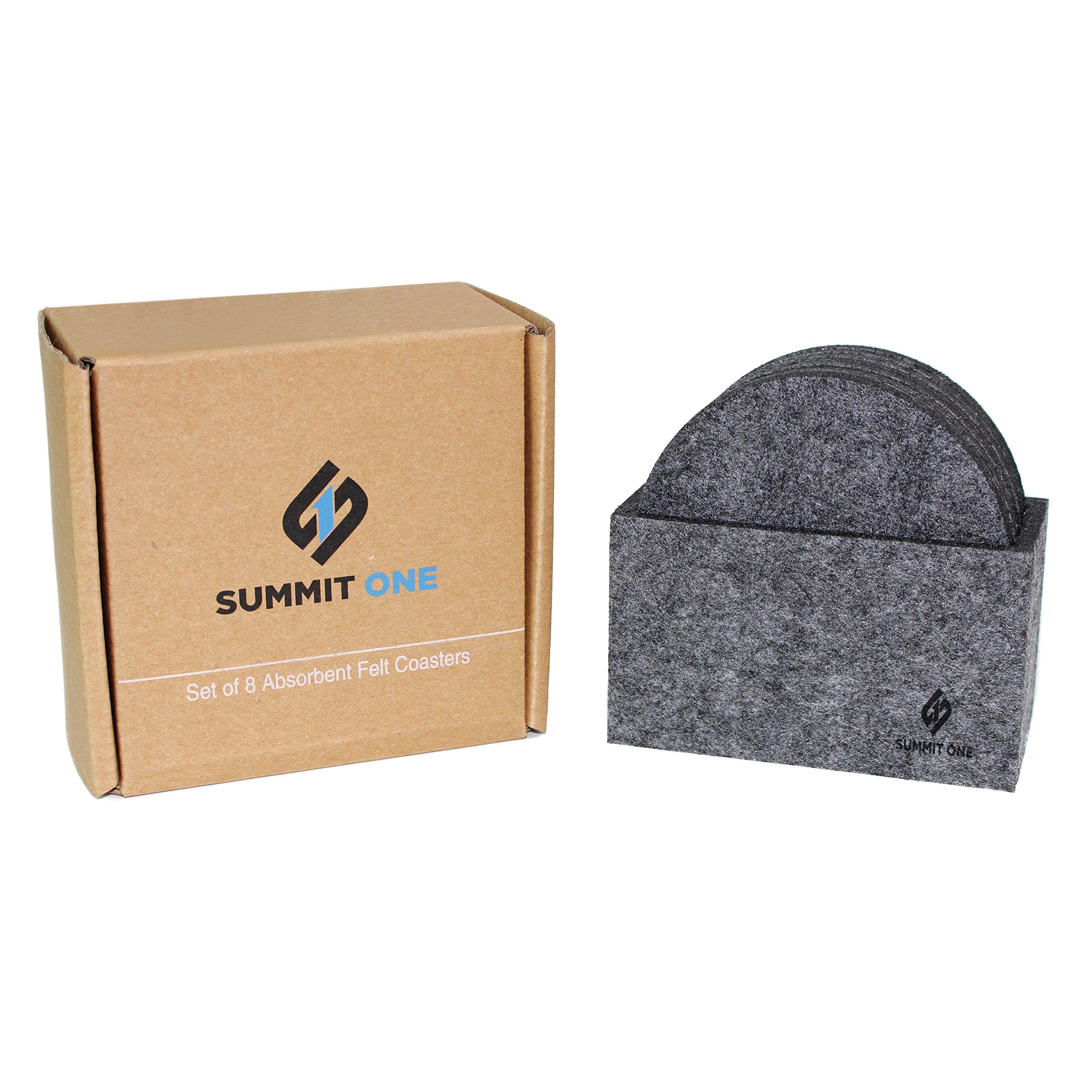Summit One Premium Felt Absorbent Coasters, Set of 8 (4 Inch Round, 5mm Thick) - Super Absorbent Coasters For Drinks - Includes Matching Felt Coaster Holder in Gift Box