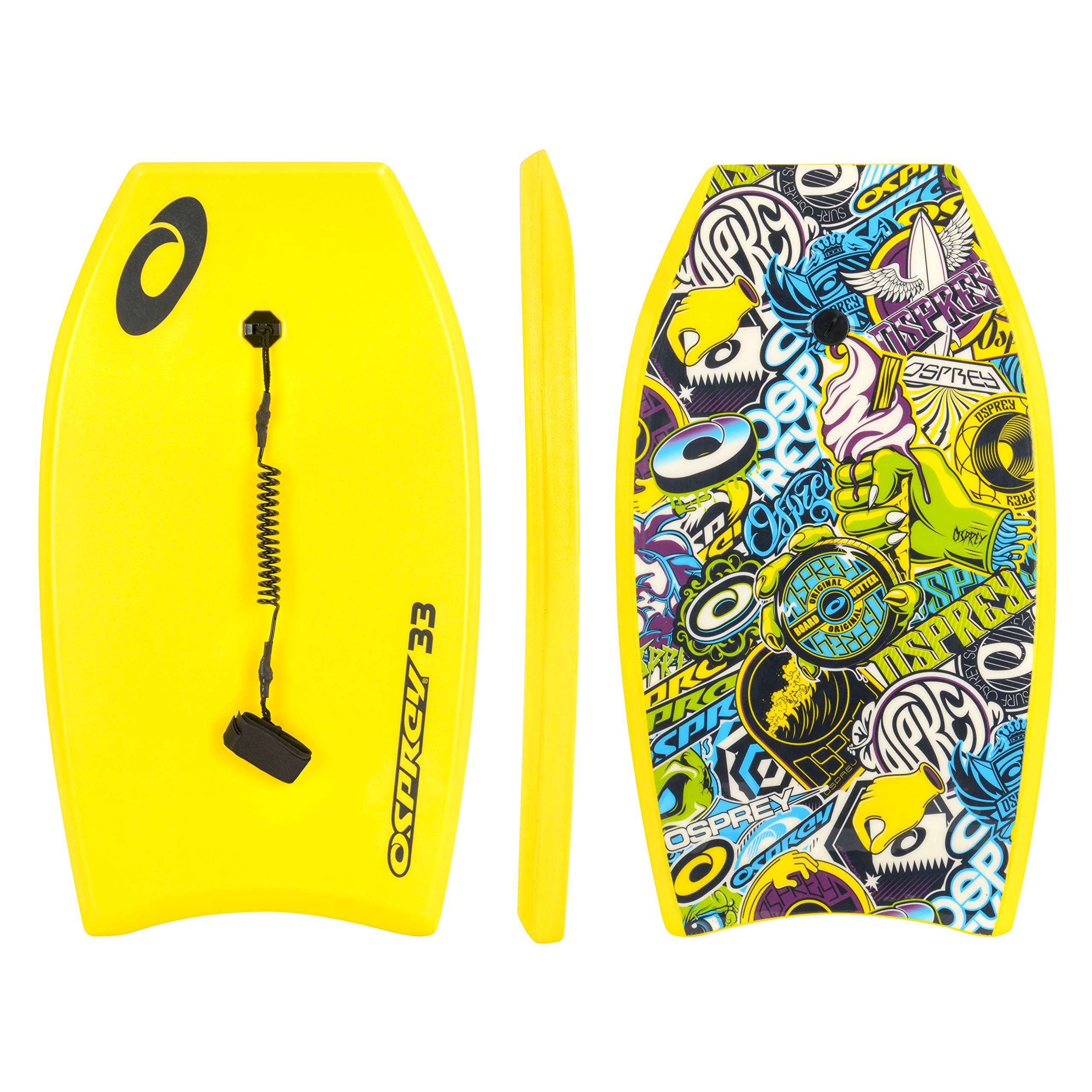 Osprey 33” Bodyboard for Kids and Beginners, Lightweight Deck Boogie Board with Leash, Durable Core for Surfing & Bodysurfing