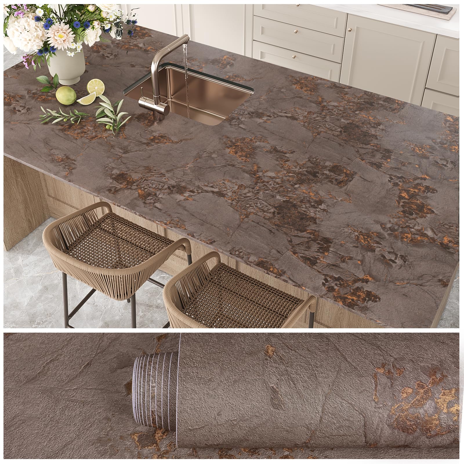 VEELIKE Brown Gold Concrete Wallpaper Vintage Shabby Chic Concrete Effect Wallpaper Textured Peel and Stick Contact Paper for Kitchen Countertops Waterproof Marble Contact Paper Removable 40cm×300cm