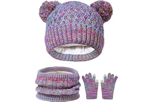 Girls Winter Hat Gloves Scarf Set, Kids 2-14 Beanie Cap Pom Pom Neck Warmer Neck Gaiter Fleece Lined,Touch Screen Gloves