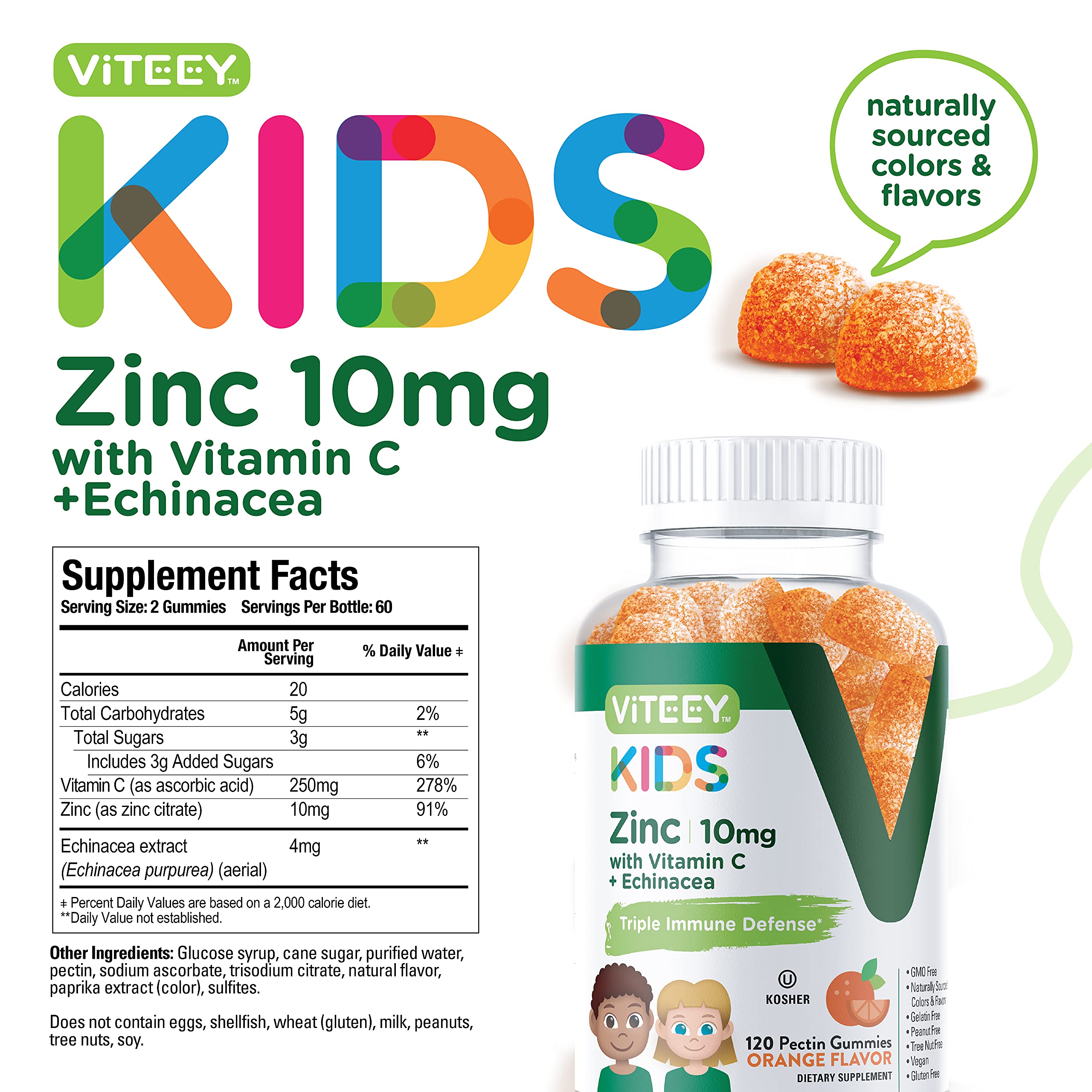 Viteey Zinc for Kids Gummies 10mg, with Vitamin C & Echinacea - Immune Support, Powerful Natural Antioxidant, Kids Zinc Vitamin Supplement - Vegan, Gelatin Free - Tasty Chewable Orange Flavor Gummy