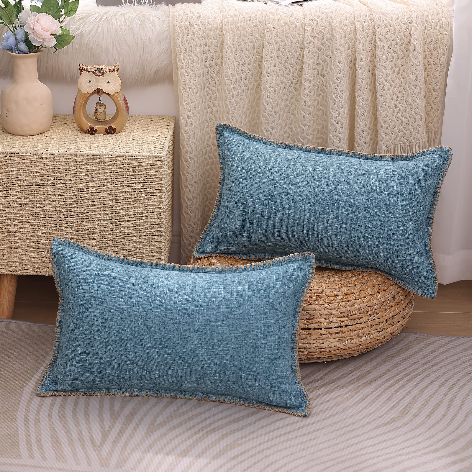 decorUhome Set of 2 Linen Cushion Covers 30X50cm,Decorative Outdoor Plain Vintage Cushion Covers with Stitched Edges, Rectangle Farmhouse Neutral Pillow case 12x20 Inch for Sofa, Blue