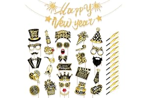 PYSEOSISE Happy New Year Photo Booth Props, 42 Pcs New Year Party Photo Props, Black and Gold New Year Eve Selfie Props Photo