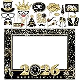 New Years Photo Booth Props 2026, New Years Eve Party Supplies Photo Booth Props,Black and Gold New Years Eve 2026 Photo Frame for New Year Eve Celebratory Party Supplies