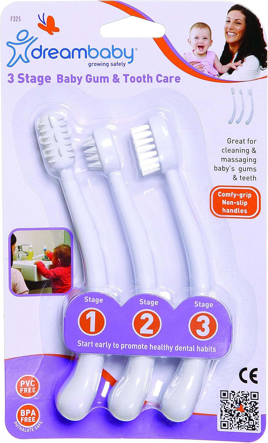 Dreambaby 3 Stage Baby Gum & Tooth Care Toothbrush, Soft & Gentle Rubber Bristles, Ergonomic Easy Grip Handle