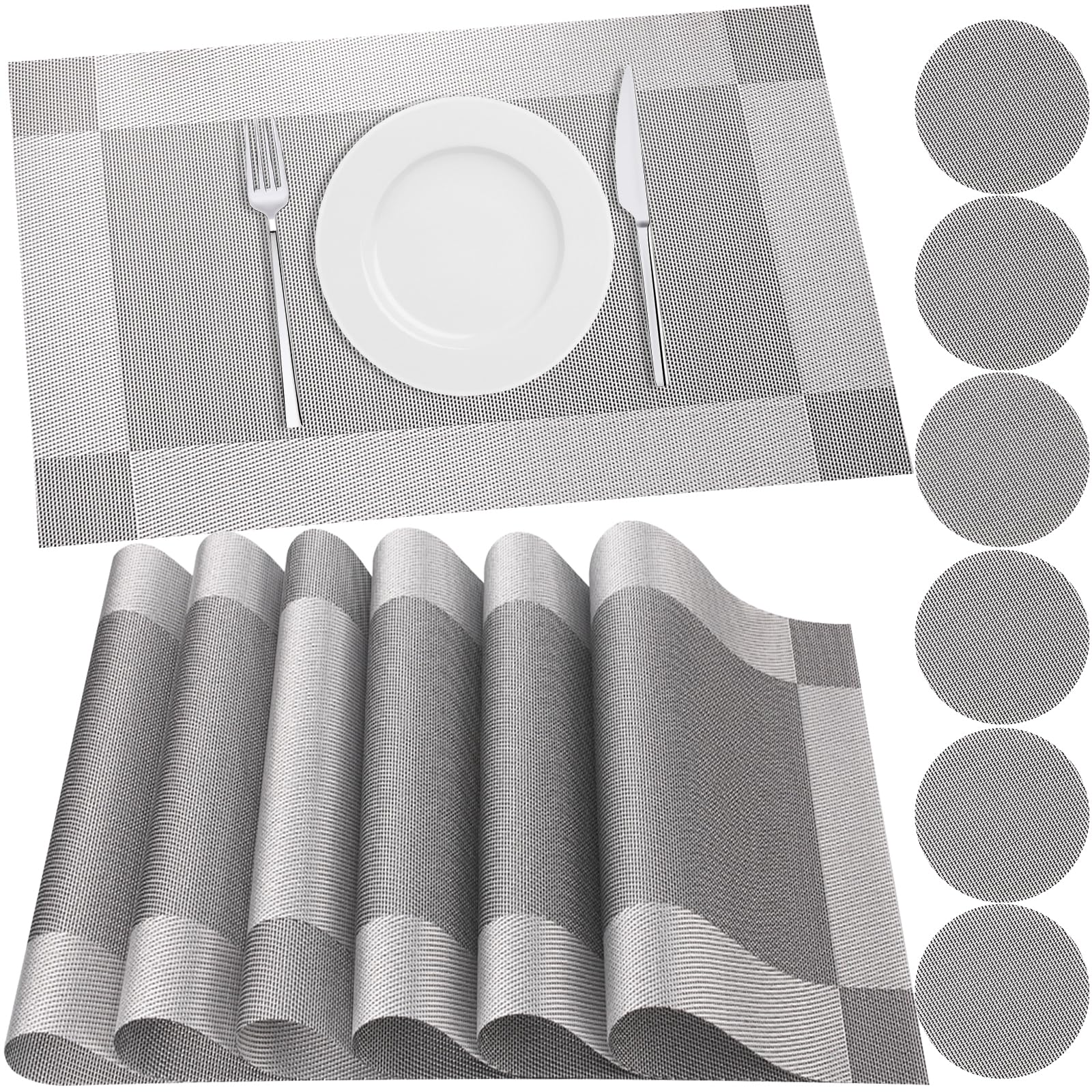 HEYOMART Placemats and Coasters Sets of 6, PVC Vinyl Place Mats Non-Slip Heat Resistant Washable Table Mats for Kitchen Dining Table Home Restaurant, Grey