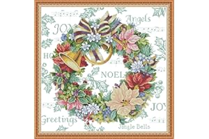 ITSTITCH Printed Cross Stitch Kits 11CT 27X27 inch DIY Embroidery Starter Kits Easy Patterns Embroidery for Girls Crafts DMC Stamped Cross-Stitch Supplies Needlework Honliday Wreath