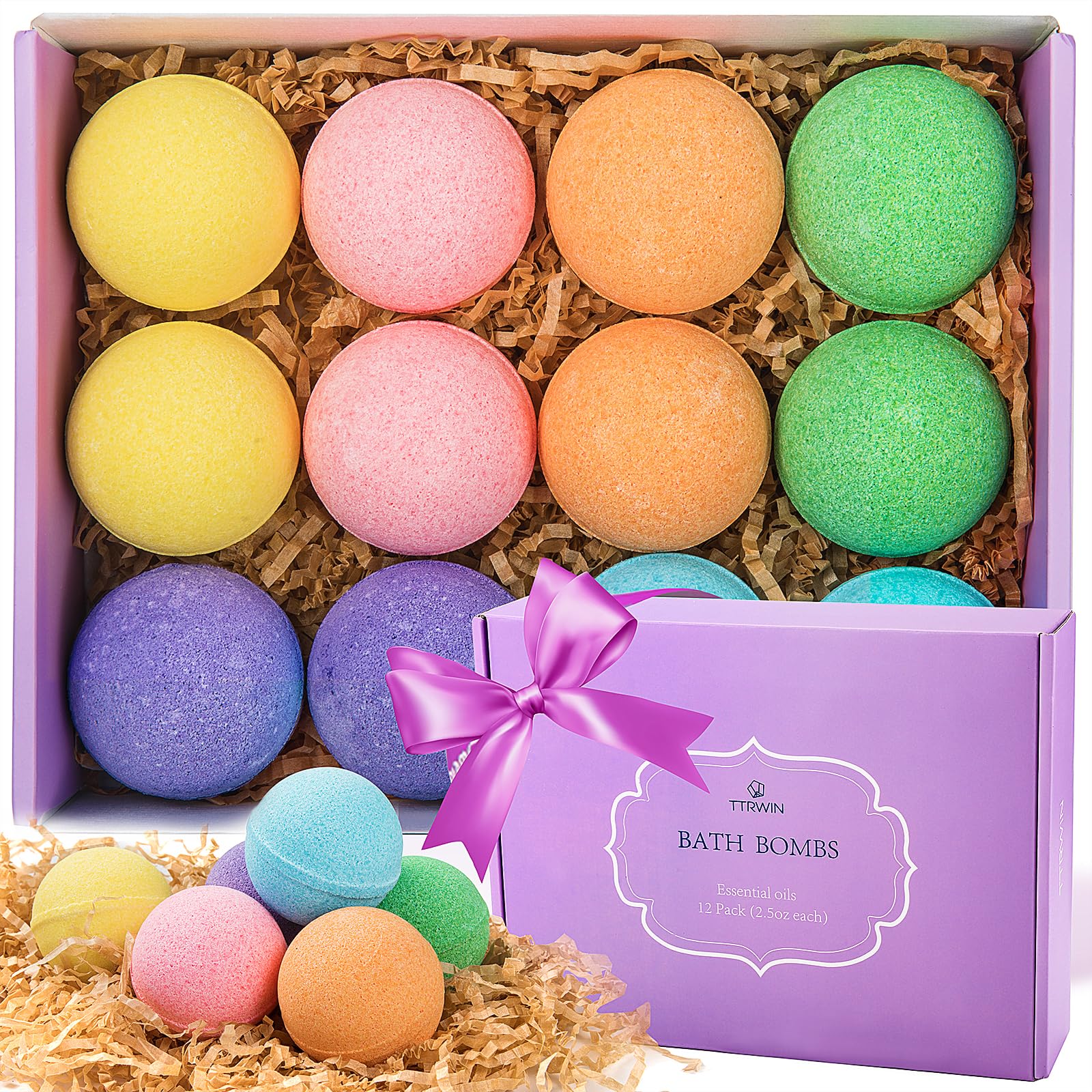 Bath Bombs Gift Set, TTRwin 12 Fizzy Bubble Bath Bath Bombs, Organic Natural Vegan Spa Bath Bomb Kit with Different Organic Essential Oils, Birthday Gift idea for Her, Girl, Men, Kids