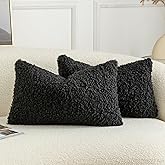 Joyouth Pack of 2 Curly Teddy Wool Faux Fur Throw Pillow Covers Fuzzy Accent Soft Sherpa Pillowcases Sheepskin Fleece Decorative Cushion Case for Sofa Couch Living Room 12x20 Inch Black