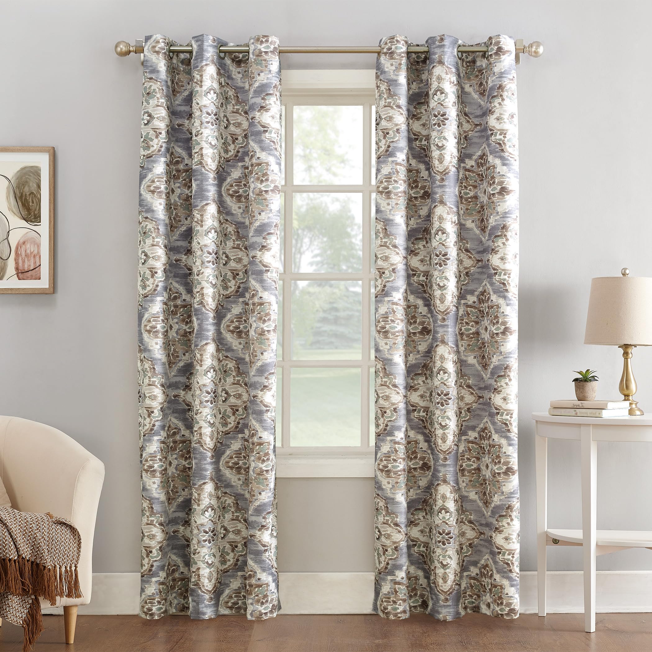 Sun Zero Regina Floral Watercolor Energy Efficient Grommet Curtain Panel, 40" x 95", Gray