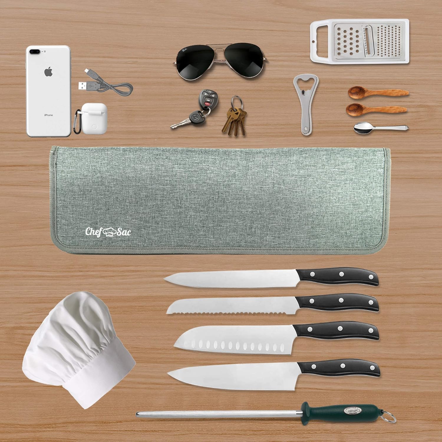 Chef Knife Bag Travel Folder Knife Case | 4 Pockets for Knives & Kitchen Tools | Special Slot for Honing Rod | Camp Chef Accessories | Durable Knife Holder for Chefs & Culinary Students (Heather Grey): Kitchen & Dining