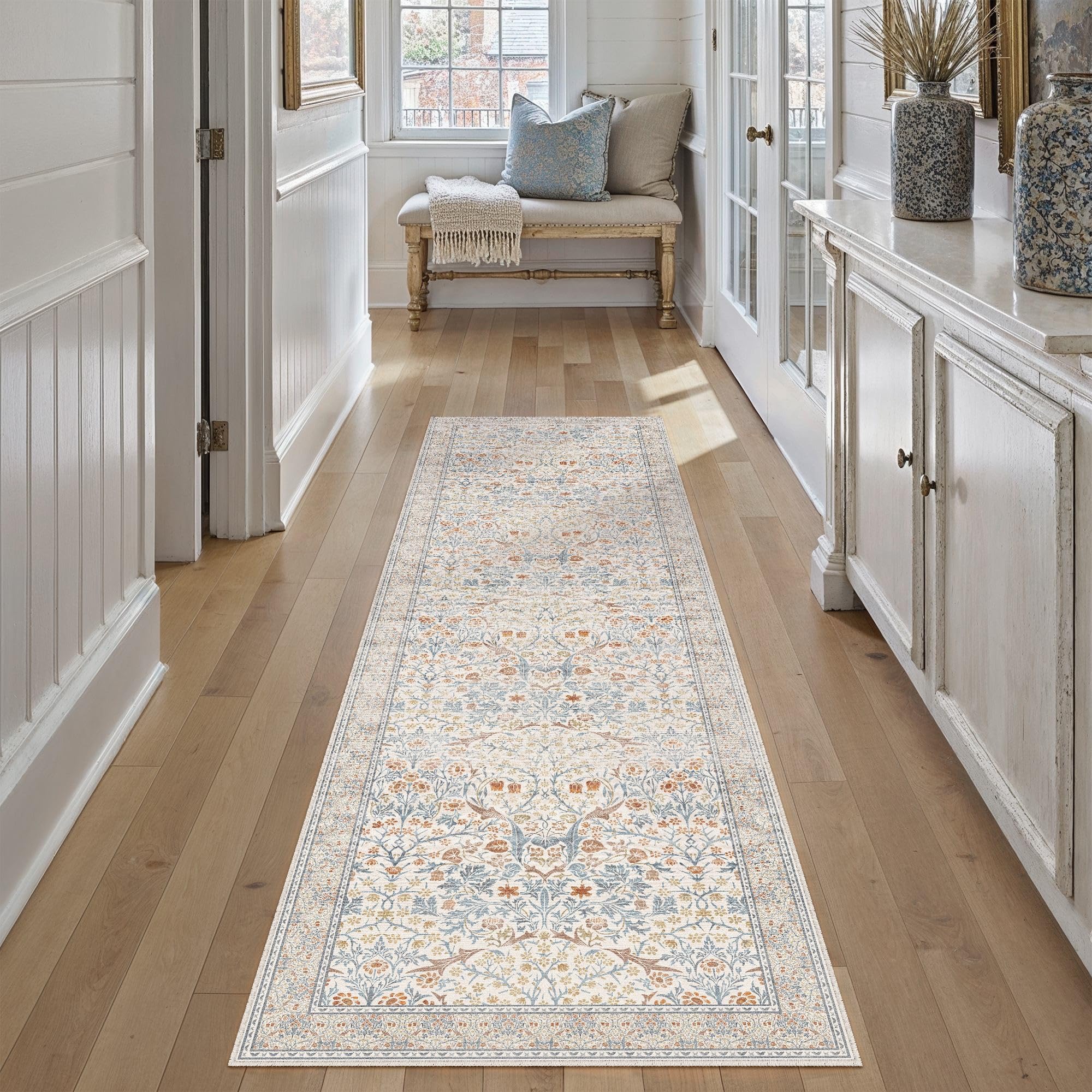 HUGEAR Vintage Floral 2x8 Machine Washable Runner Rugs Beige Hallway Rug Retro Neutral Stain Resistant Non Slip Low Pile Throw Carpet for Bedroom Kitchen Aesthetic Modern Decor