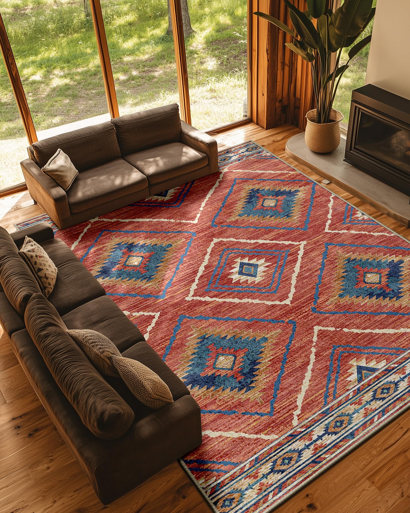 Area Rug 9x12 Rug Machine Washable Non-Slip Low Pile Print Pattern Western Rug for Living Room Bedroom Entryway Tribal Series -Red/Orange Image