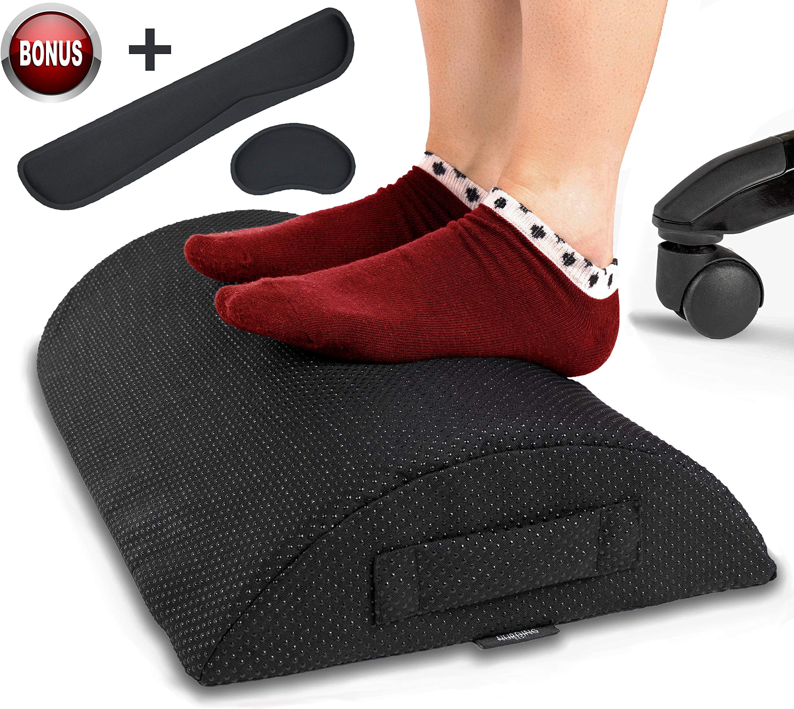 Foot Rest Cushion for Under Desk - Bonus Keyboard and Mouse Cushions - Ergonomic Non-Slip High Density Foam - Durable Footrest for Home and Office Your Feet Will Love (Black)