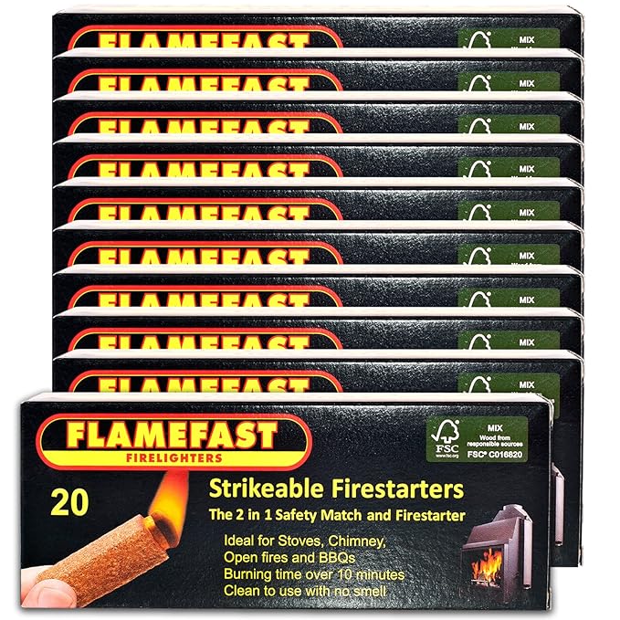 10 X Packs of 20 Flamefast Strikeable Firelighters Easy to Use 2in1