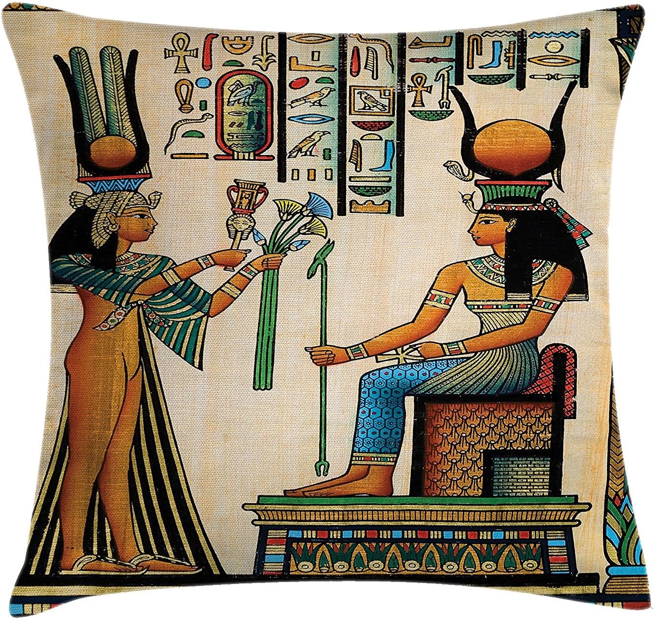 Egypt Throw Pillow Cushion Cover, Old Egyptian Ancient Papyrus Depicting Queen Nefertari with Historical Empire Artwork, Decorative Square Accent Pillow Case, 18 X 18 Inches, Multi