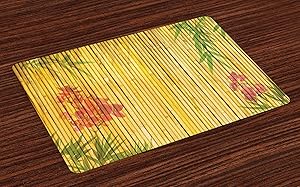 Lunarable Bamboo Print Place Mats Set of 4, Lotus Flower and Background on Stems Tropical Plant Oriental Art, Washable Fabric Placemats for Dining Room Kitchen Table Decor, Yellow Lime Green Pink
