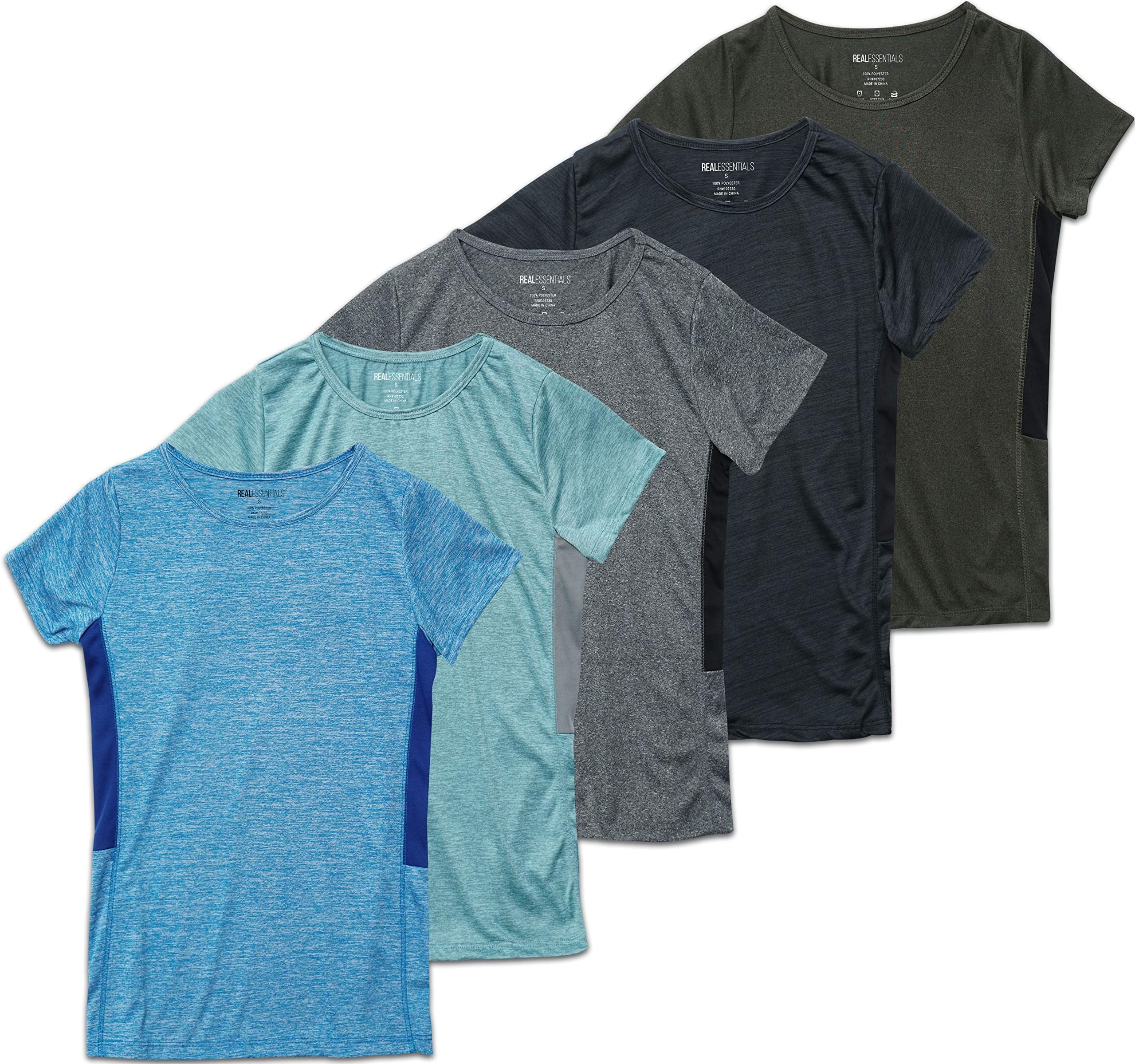 Real Essentials5 Pack: Women's Dry Fit Tech Stretch Short-Sleeve Crew Neck Athletic T-Shirt (Available in Plus Size)