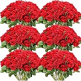 Jexine 50 Pcs Artificial Rose Flower Bulk Realistic Silk Fake Roses with Long Stem Plastic Artificial Flower Bouquet Real Looking for Home Wedding Centerpieces Party Decoration(Red)
