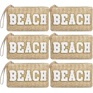 Kajaia 6 Pcs Beach Straw Wristlet for Women Straw Beach Wristlet Wallet with Chenille Letter Boho Summer Zipper Varsity Porta