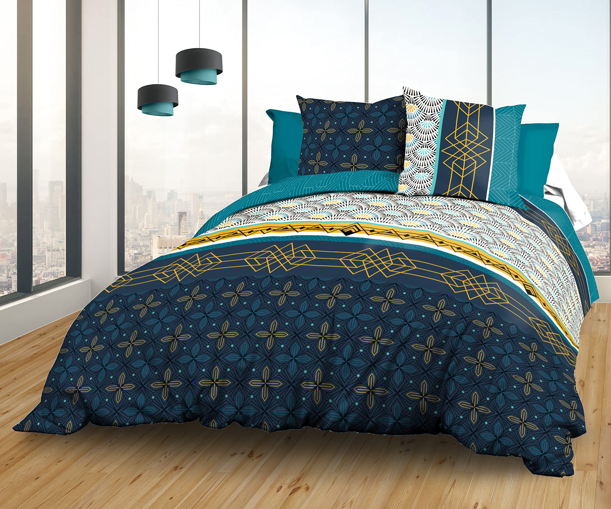Le linge de Jules Duvet Cover Set, Cotton, Blue, Yellow, 220 x 240 cm